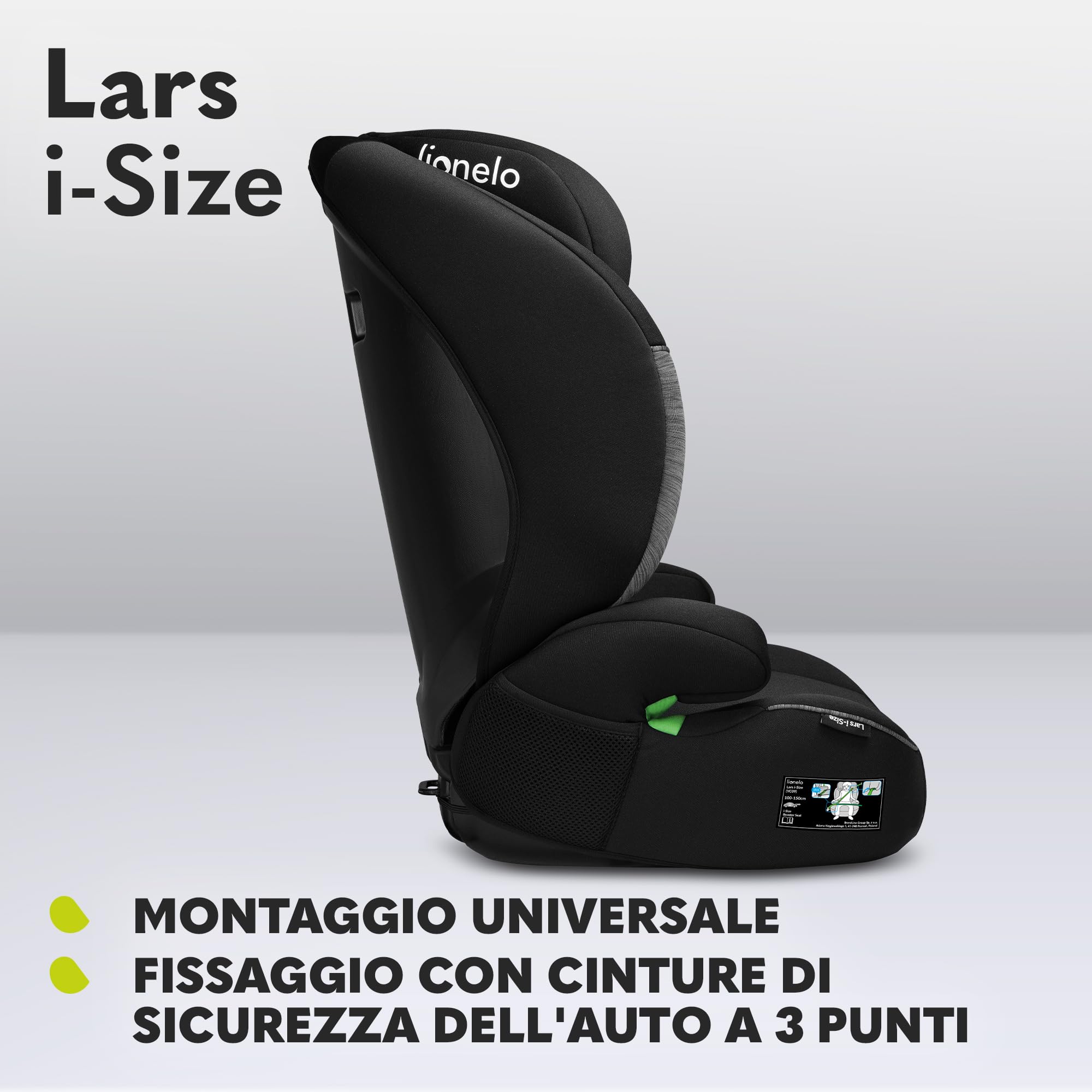 Lionelo Lars i-Size Seggiolino Auto con l'ultima Norma i-Size R129 per bambini (100-150cm/4-12 anni) Protezioni laterali, Poggiatesta regolabile, Leggero e facile installare, Opzione Solo rialzo auto