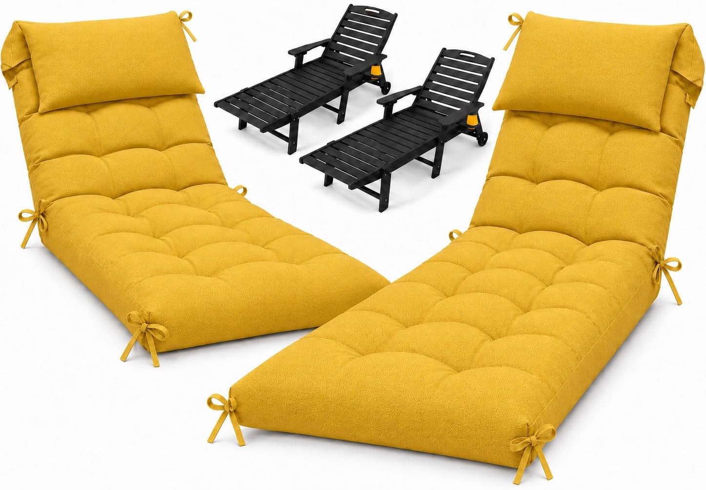 2 Pack 76 x 22 x 4.7" Waterproof Chaise Lounge Chair Cushion Outdoor Yellow