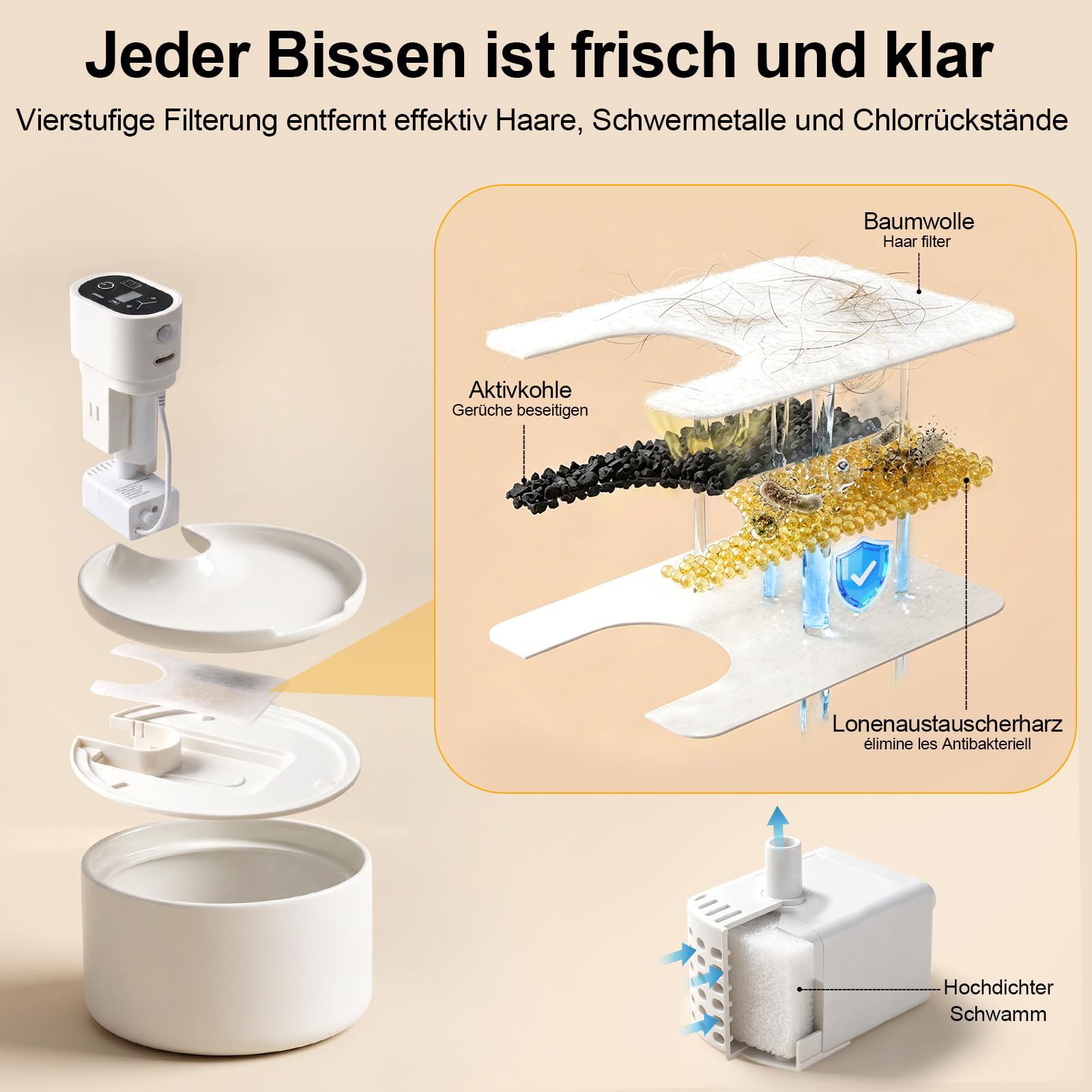 Katzenbrunnen Keramik kabellos 2,3L, Trinkbrunnen für Katzen für Indoor | Bewegungssensor, trinkbrunnen für katze kabellos 4000mAh, Ultra-leise pumpe, Mehrschichtfilter
