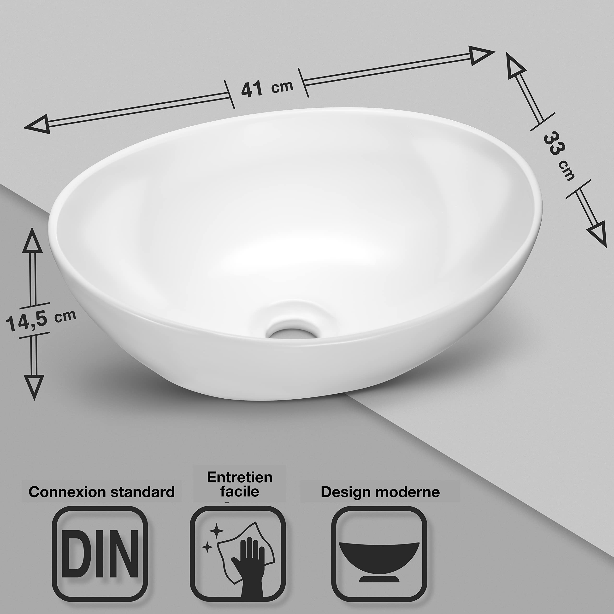 VMbathrooms Premium Céramique lavabo ovale avec effet lotus | Vasque à poser pour la salle de bain et les toilettes d'invités sans trou pour robinet ni trop-plein | blanc pur, 41 x 33 x 14,5 cm