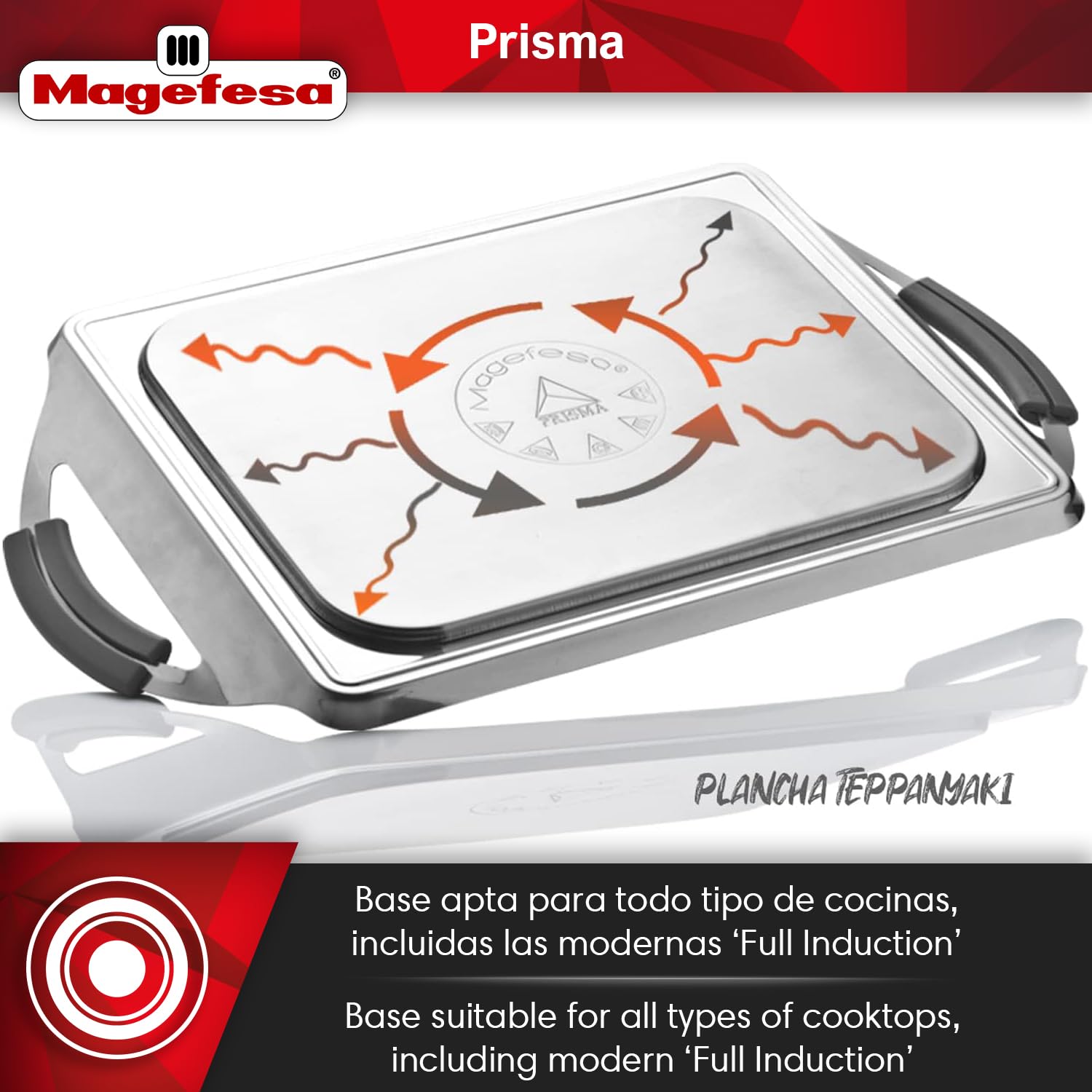MAGEFESA Prisma - Plancha Teppanyaki 41x27cm Negra, Acero Inoxidable 18/10, Libre de PFOA/PFTE, Fácil Limpieza, Para Todo Tipo de Cocinas, Inducción