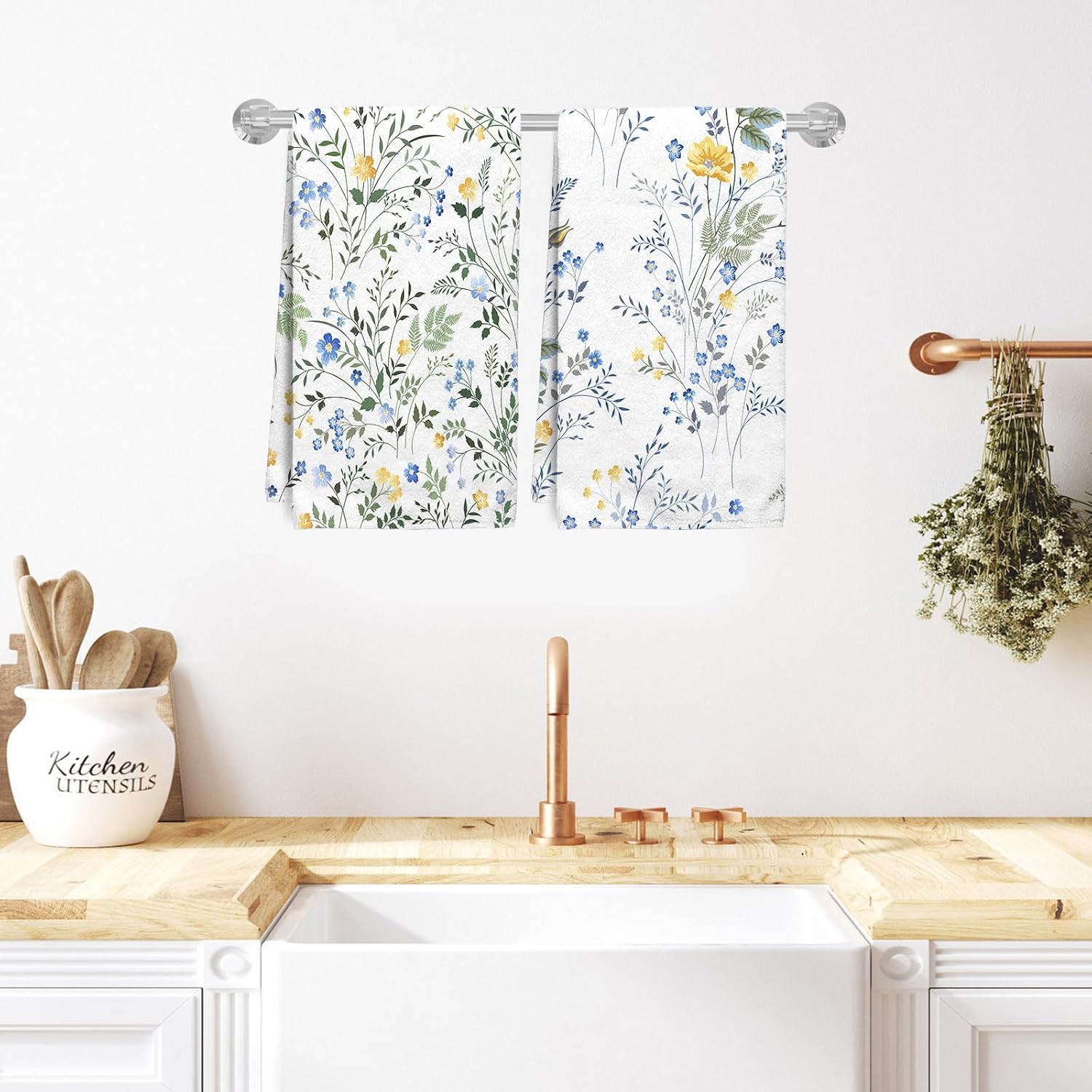 HVEST Set of 2 Blue and Yellow Floral Kitchen Towels Decorative Set Wildflower and Green Leaf on White Dish Towels for Kitchen Summer Floral Dish Cloths for Washing Dishes Absorbent Hand Towel