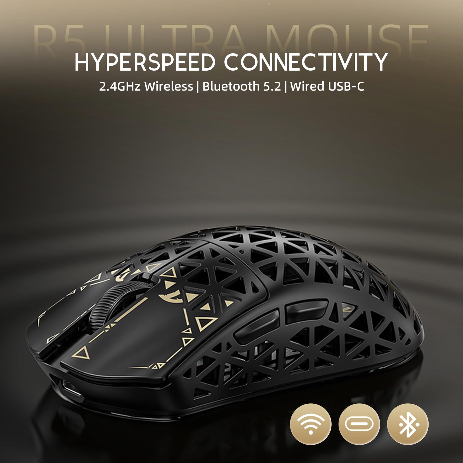 ATTACK SHARK R5 Ultra Mouse Gaming Wireless in Fibra di Carbonio 8000Hz, 39g SUPERLIGHT, 42000DPI, Sensore PAW3950MAX, Nordic 52840, Bluetooth/2.4G/USB-C Cabalto, 8K Cavo Spirale, per PC/Mac, Nero
