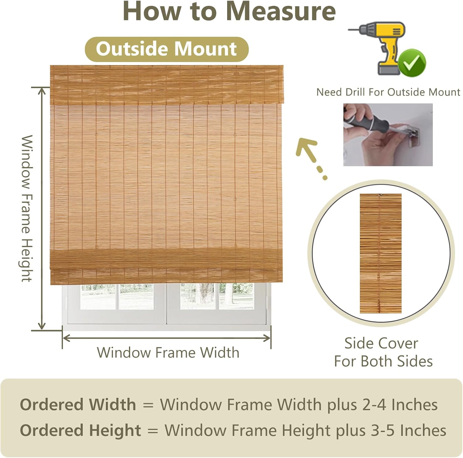 No Drill No Tools Cordless Bamboo Window Roman Shades, Indoor/Outdoor Privacy Cordless Wood Window Shades Blinds, Almond
