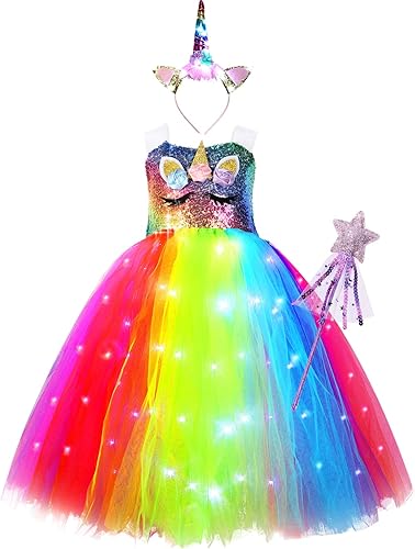 Girls Unicorn Tutu Costumes Dress Light Up Unicorn LED Headband Princess Birthday Dress Up Clothes Girl Gift