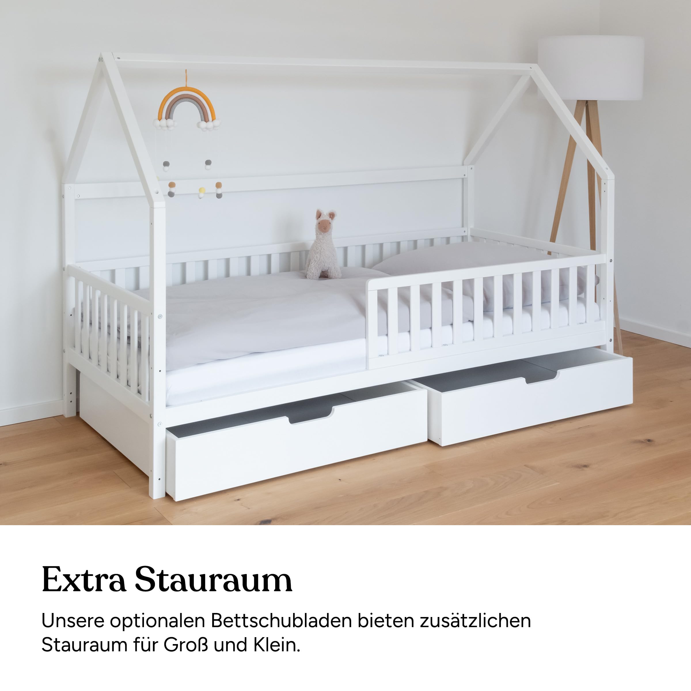 Ehrenkind® Hausbett Buche Livo | FSC Zertifiziert | Kinderbett mit Rausfallschutz | höhenverstellbar Massivholz | Kinder Bett | Hausbett 120x200 cm | weiß
