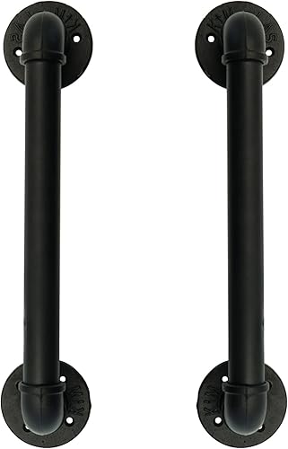FOYO Juego de 2 manijas industriales para puerta de tubería, barra de agarre, toallero, pasamanos de hierro fundido rústico antiguo, negro mate,