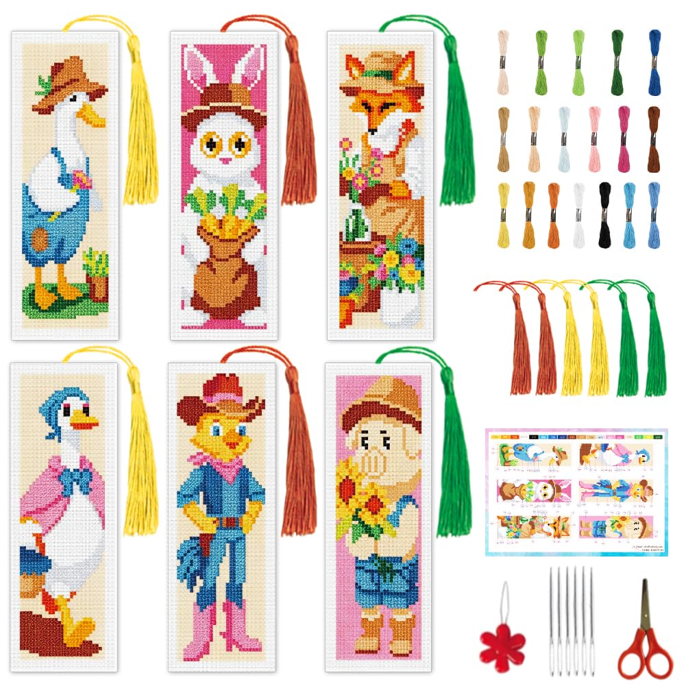 INFUNLY 6PCS Farm Animals Cross Stitch Bookmark Kit 3x8.5 Farm Duck Stamped Embroidery Page Marker Kits with Cartoon Animals Needlepoint Bookmarks Kit with Instruction for Book Lovers Readers โ image 1