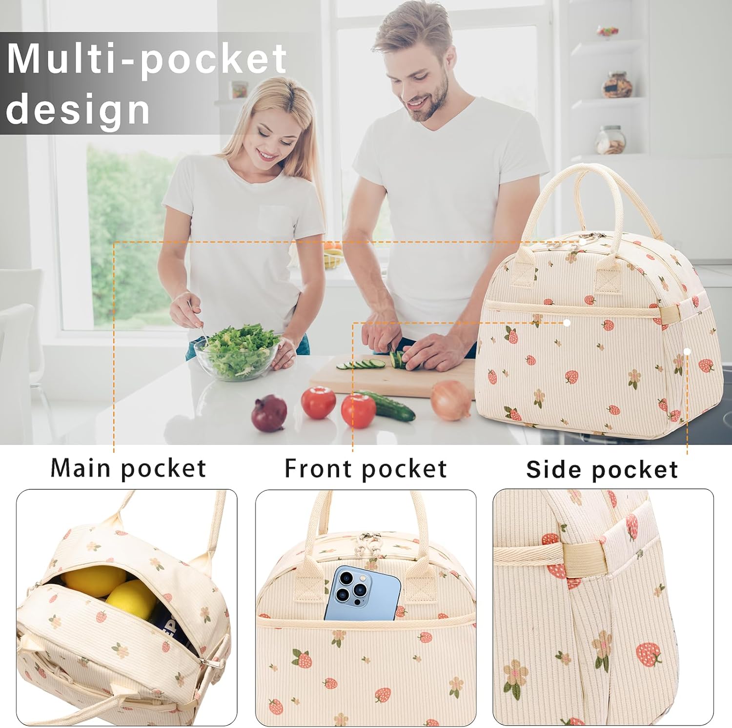 Lunch Box for Women, Insulated Lunch Bag Cute Corduroy Lunchbag Reusable Lunchbox for Work (2 strawberry) - Image 3