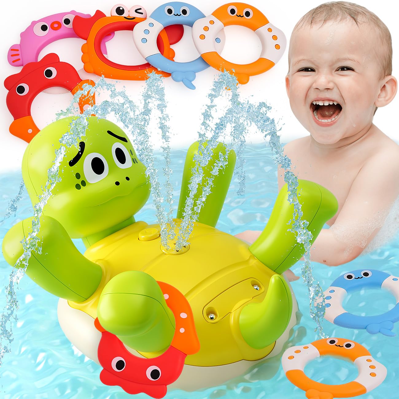 MUONE Baby Bath Toys for Kids Ages 1-3, Sprinkler Swimming Turtle Water Toys for Toddlers 2-4 with 5 Rings, Bath Toys for Babies 6-12/12-18 Months, 1