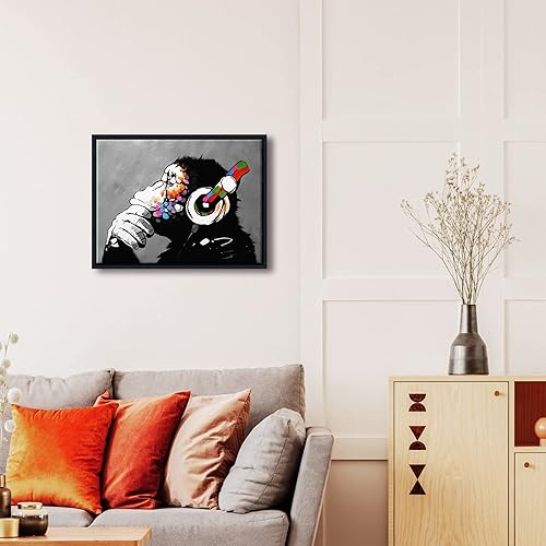 Miniatura 4 de Wieco Art Marco Negro Mono con Auriculares Banksy Arte de Graffiti Abstracto Pinturas en Lienzo Impresiones Arte de Pared en Lienzo de Animales para