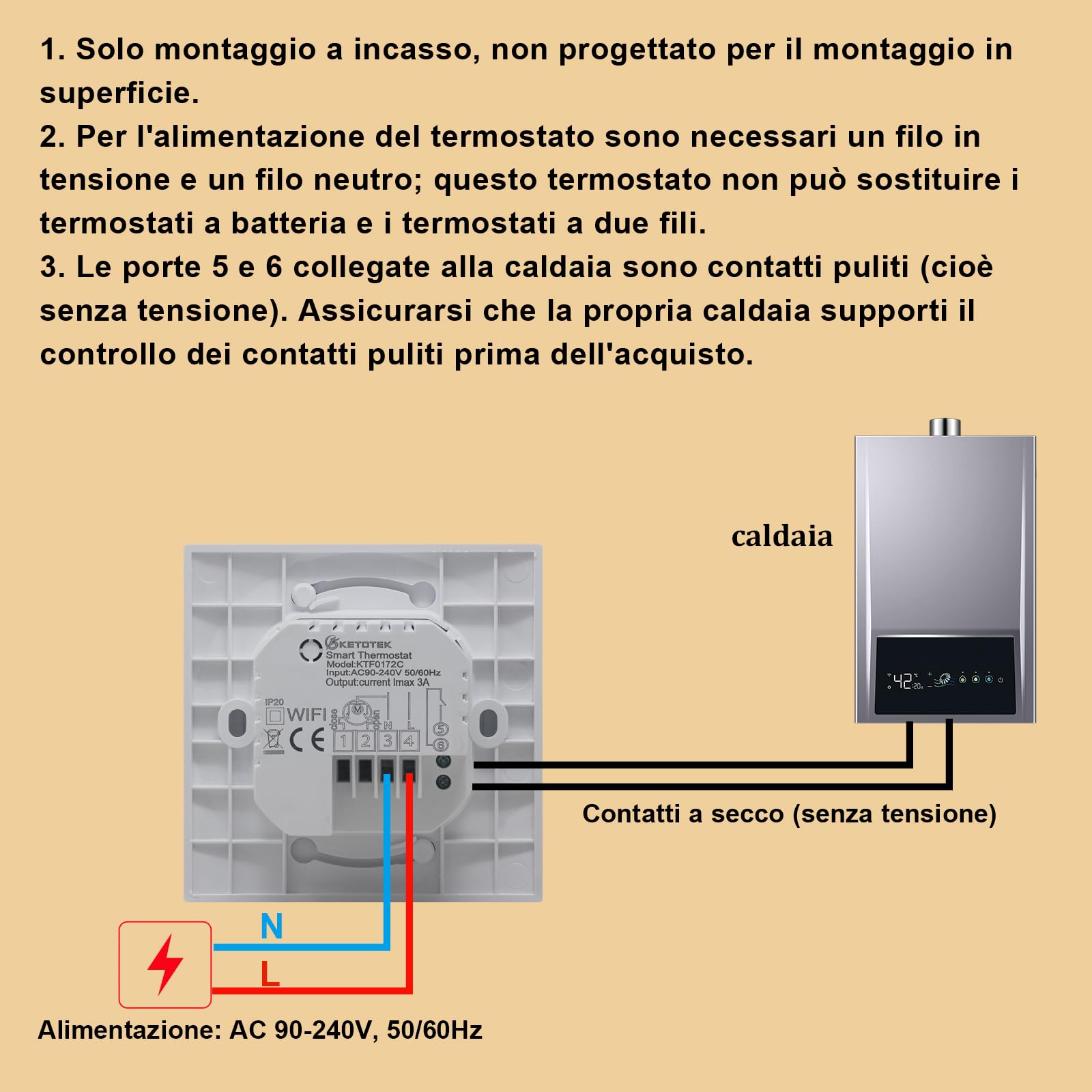 KETOTEK Termostato WiFi per Caldaia 3A 220V, Termostato Intelligente Riscaldamento a Pavimento Programmabile Compatibile con Alexa, Tuya/Smart Life APP Controllo, Contatto Secco, Incassato