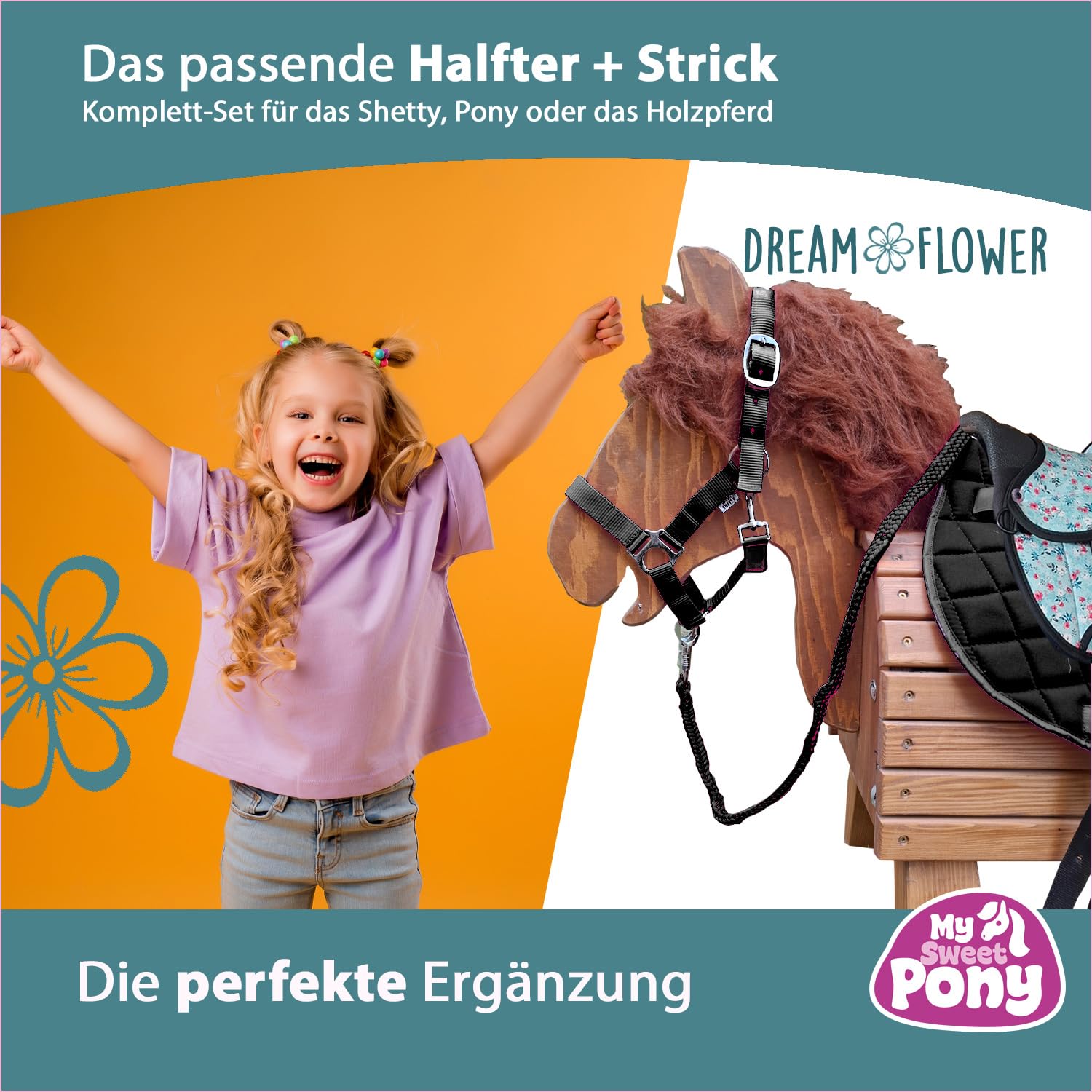 My Sweet Pony Kinder Shettysattel-Set Dream Flower Halfter Führstrick Sattel für Pony Shetty Holzpferd