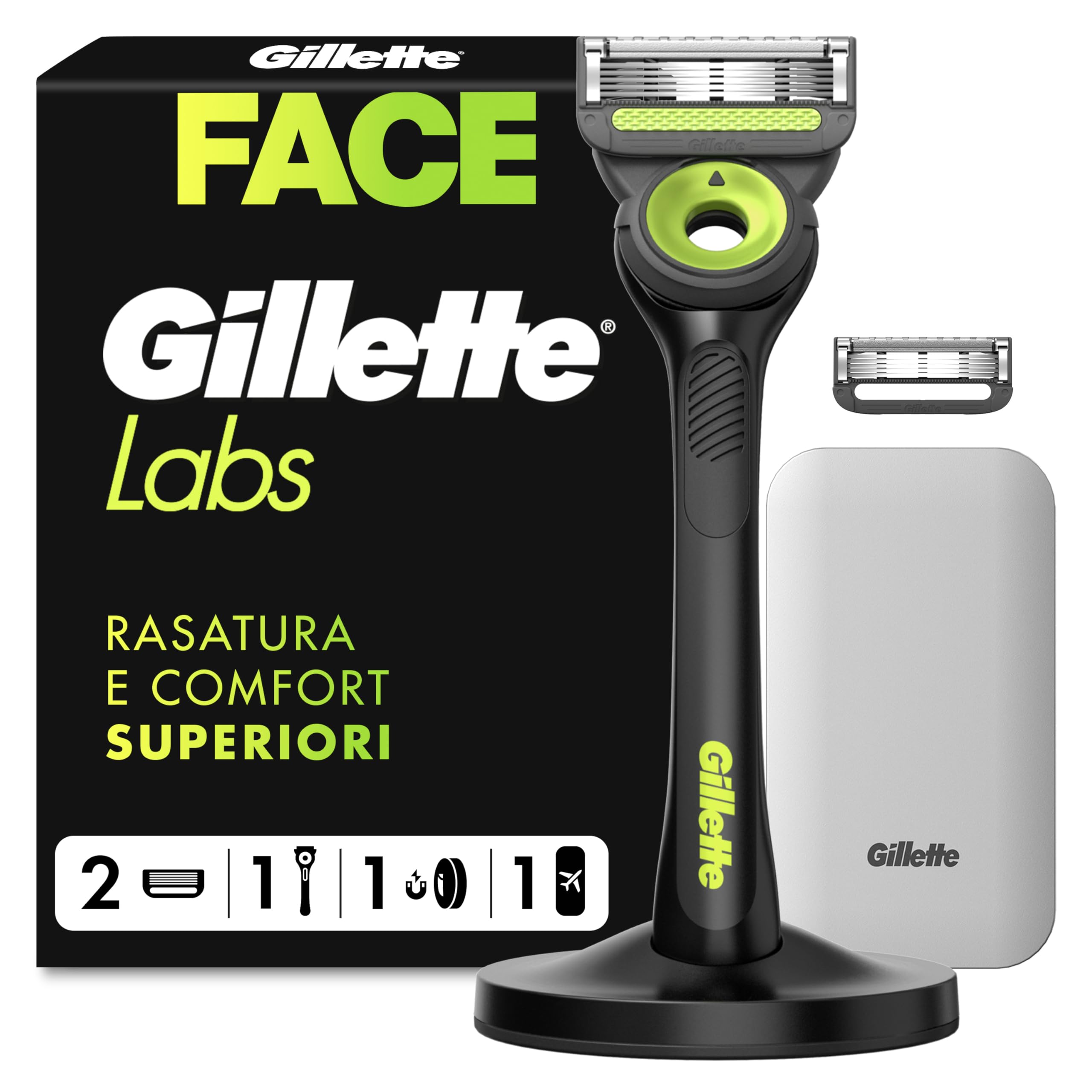 Gillette LABS RASOIO UOMO, con 2 LAMETTE DA BARBA di Ricambio, Base Magnetica e BARRA INTEGRATA Elimina Impurità Pelle, Rasatura Facile, Comfort Ottimale, CUSTODIA DA VIAGGIO, Nero e Verde,Idea Regalo