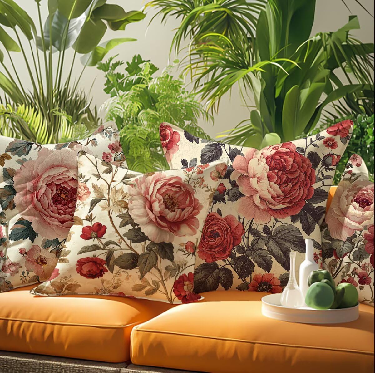 Funda Cojin 55x55 Pack de 4 Rosa Cojines de Exterior Impermeables de Lino, Cuadradas, Decorativas PeoníA para Sofá, Muebles de Jardín, Sofá, Cama Banco, Decoración Rústica, Regalos para Mujeres G9-520