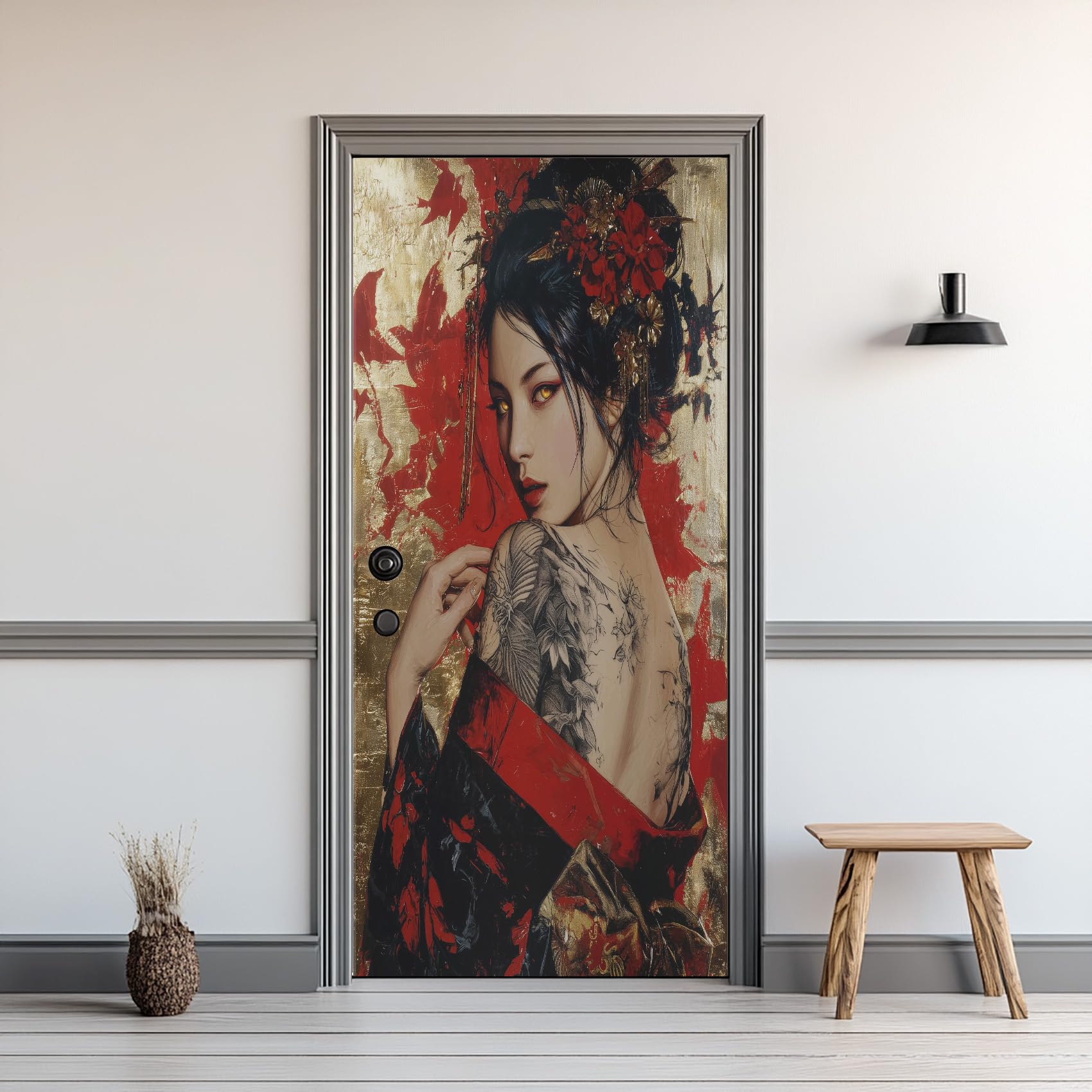 Sticker Porte Style Japonais Papier Peint Porte Style Japonais 3D Stickers de Porte Trompe l'Oeil Autocollant de Décoration pour Porte Mural Salon Chambre Poster Porte 77x200 cm a.484