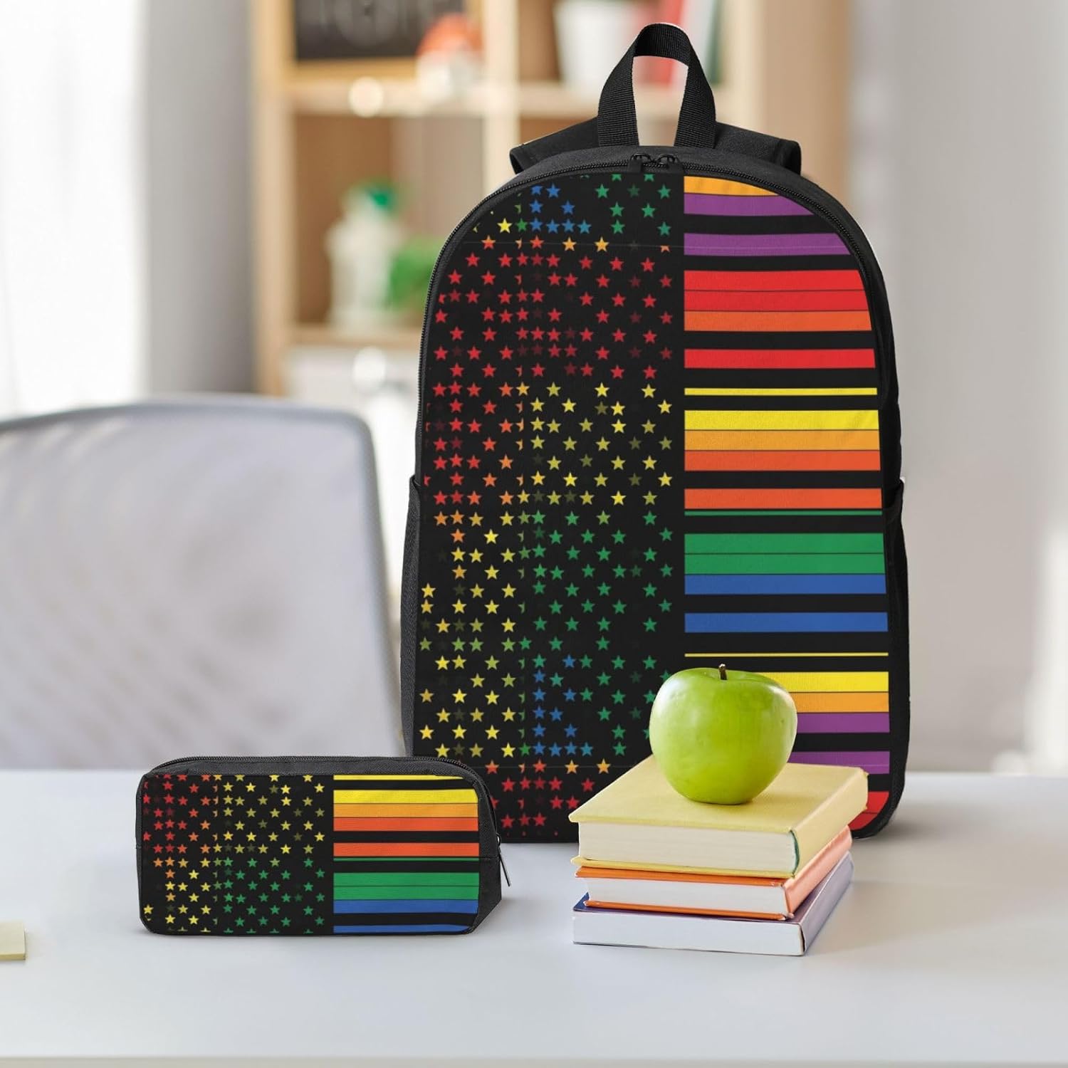 Compact 3-Piece Backpack Kit, 17-inch Laptop Bag + BPA-Free Lunch Box + Accessory Organizer (Unisex for Urban Commute/Travel, Us Rainbow Love Lgbt Pride Black American Flag)