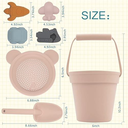 Vista 19 de NW HANDA - Juego de juguetes de arena de playa de silicona para niños, 6 piezas, incluye cubo de playa de silicona, pala, regadera y moldes