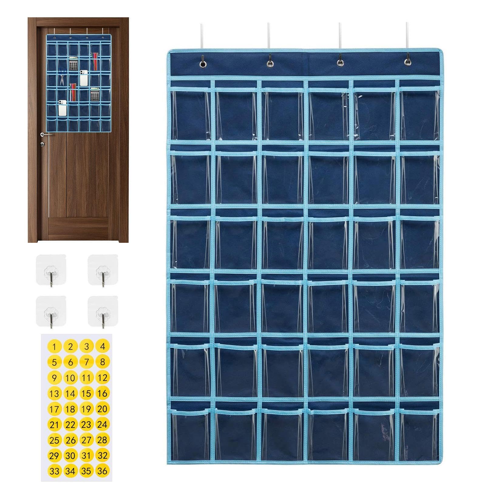 Hanging Pocket Charts - Classroom Calculator Holder, Classroom Wall Pockets, Classroom Cell Phone Holder, Hanging Wall Storage Organiser, 36 Clear Pockets with Hooks & Number Stickers for Classroom