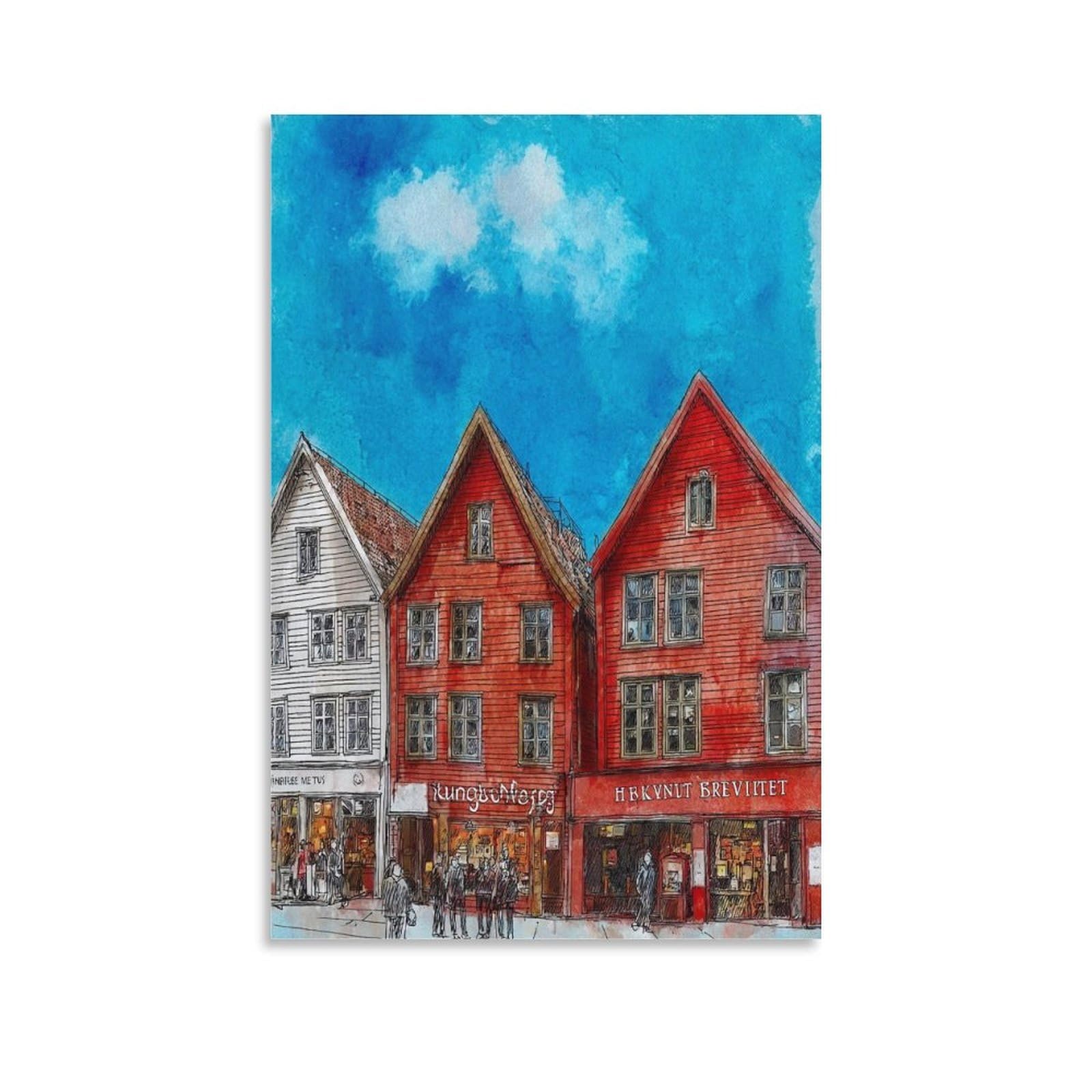 Lcynnh Unframe-Style Bergen Norway 16X24inch(40X60cm) Vintage Travel Poster Watercolor Canvas Art