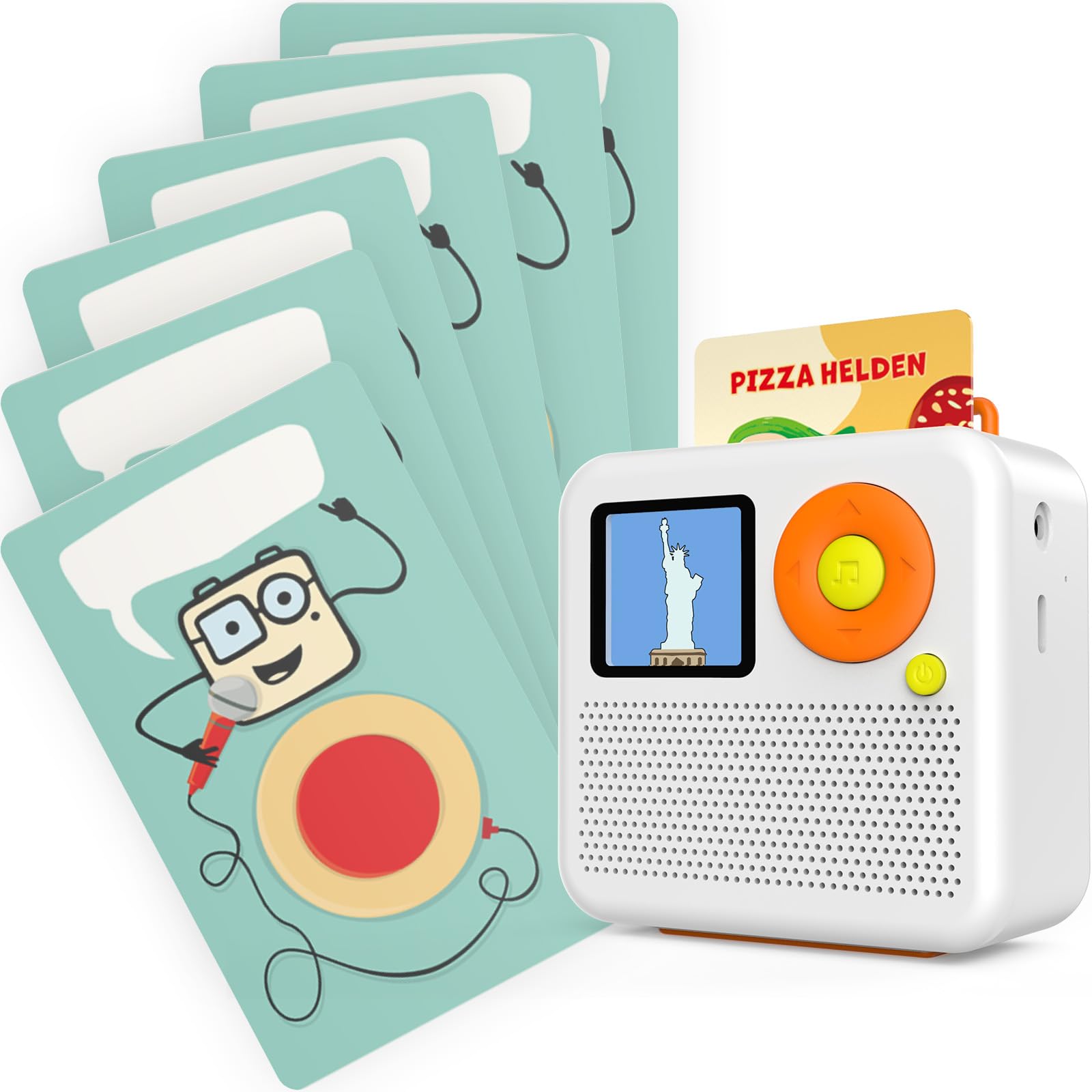 Qiaojoy Giggaboo + Make Your Own Cartd Cards Bundle - Audio Player, Bedtime & Playtime Travel Device with Pizza Hero Set, Make Your Own Card, Bluetooth-Compatible Speaker or Use with Headphones