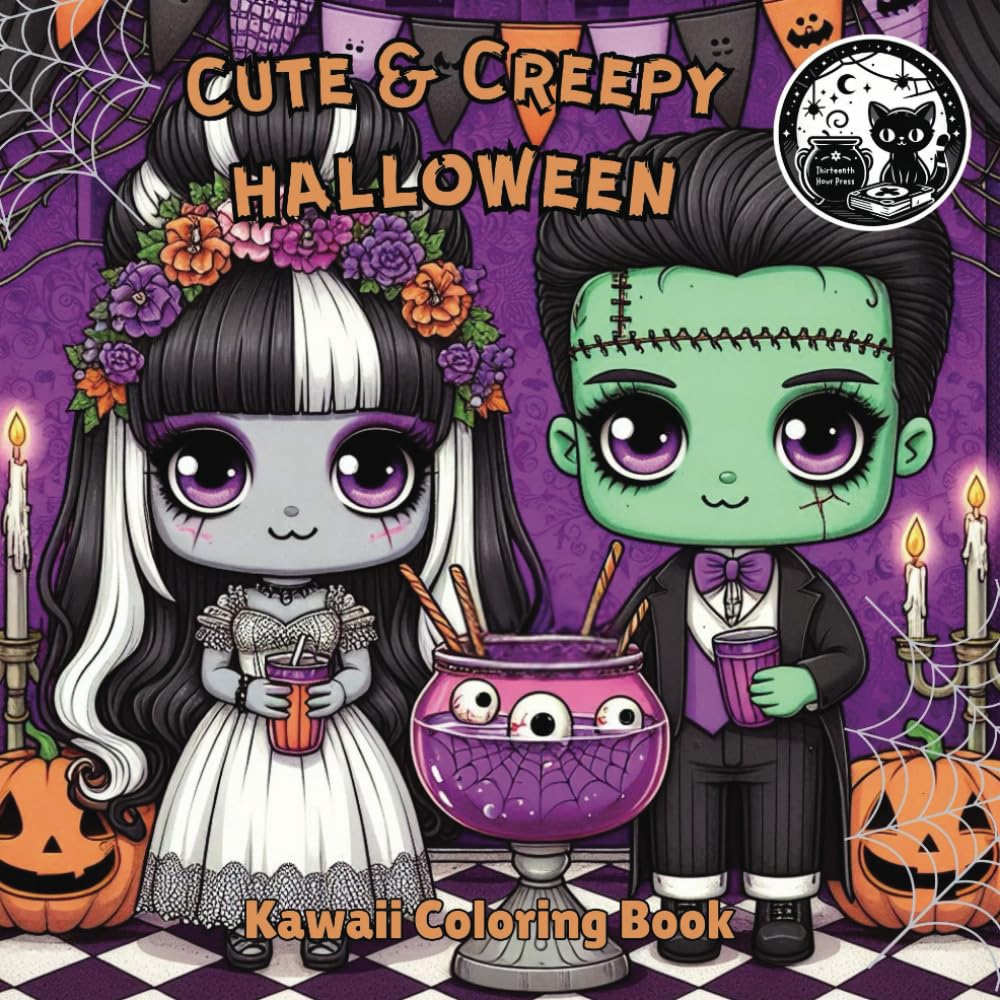 Cute and Creepy Halloween Kawaii Coloring Book for teens and adults: Gothic Style Spooky Illustrations with Black Background