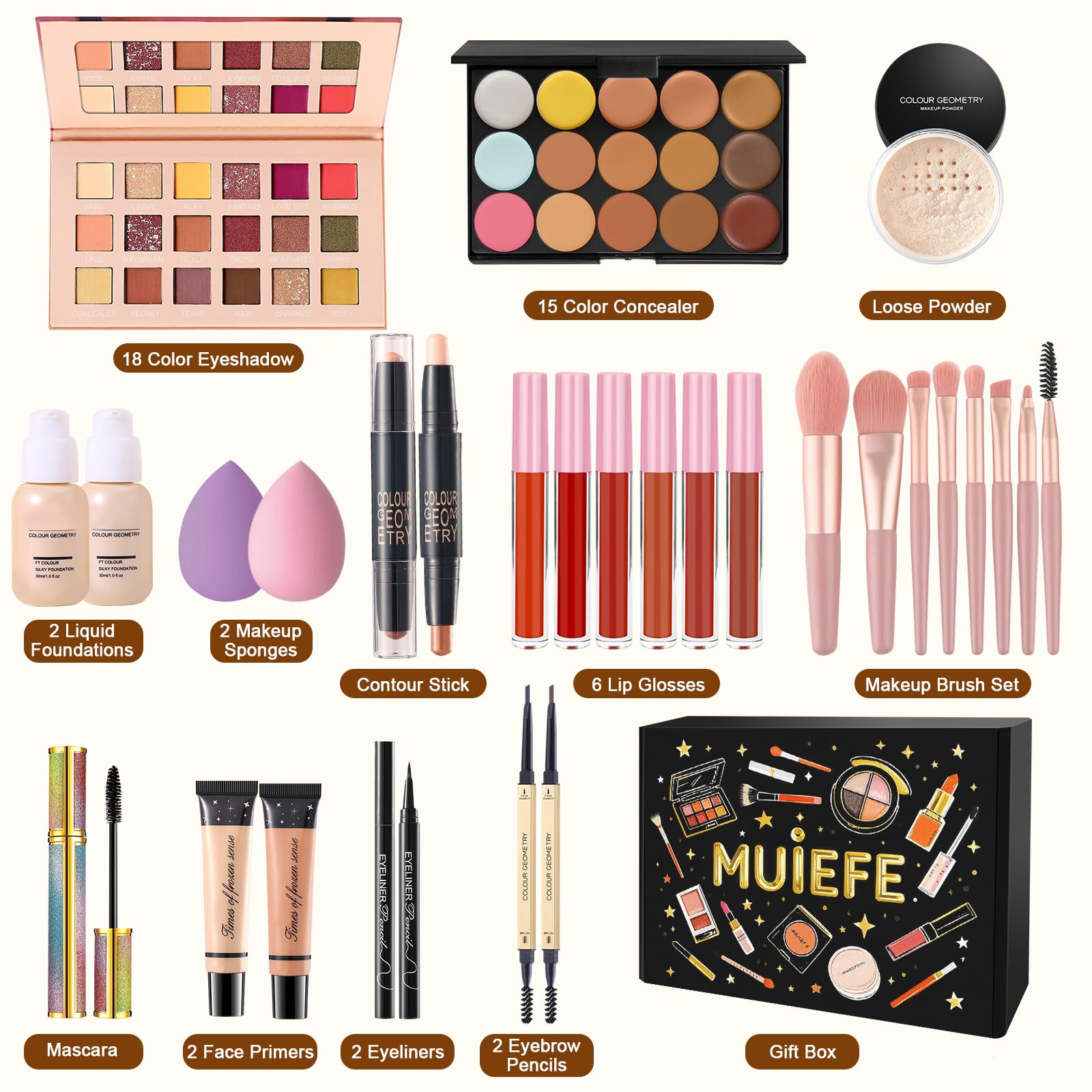 Set Trucchi Donna, Cofanetto Regalo Make Up per Ragazza Adolescente, Kit Trucco Make Up Completo con Palette di Ombretto, Fondotinta, Mascara, Gloss Labbra, Eyeliner, Palette di Correttore