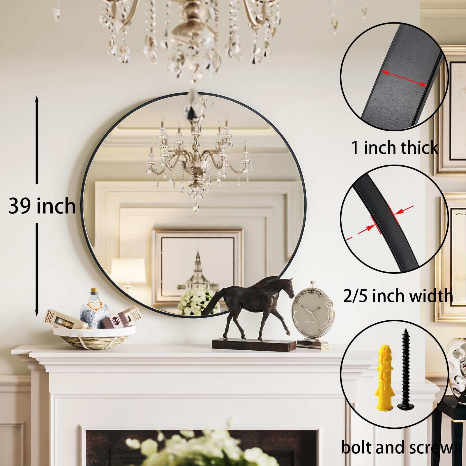 Snapklik.com : 39 Inch Black Round Mirror, Large Wall Mounted Circle ...
