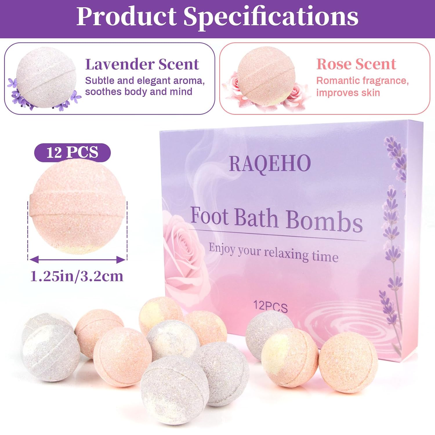 RAQEHO 12PCS Foot Bath Bombs - Rose Lavender Aromatherapy Foot Bath Soak Individually Wrapped with Sea Salt for Dry Cracked Feet Softener Exfoliator Odor Home Spa Essentials Pedicure Supplies