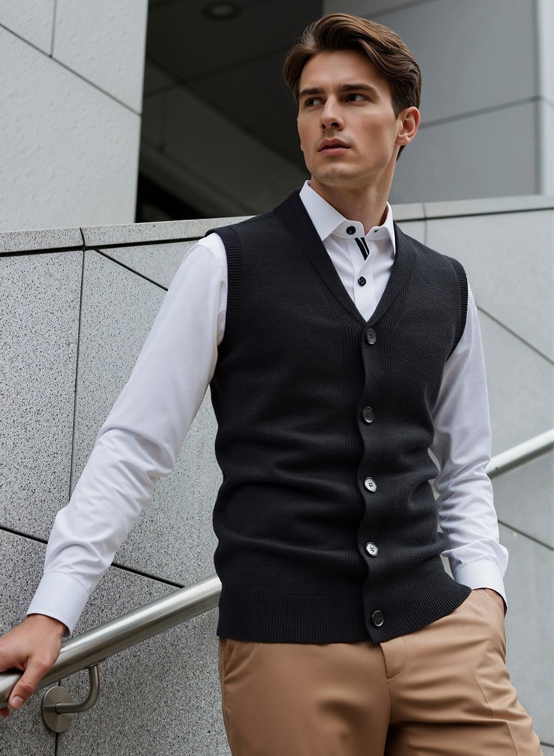 Chalecos de Punto para Hombre Jerséis sin Mangas Cárdigan con Botones