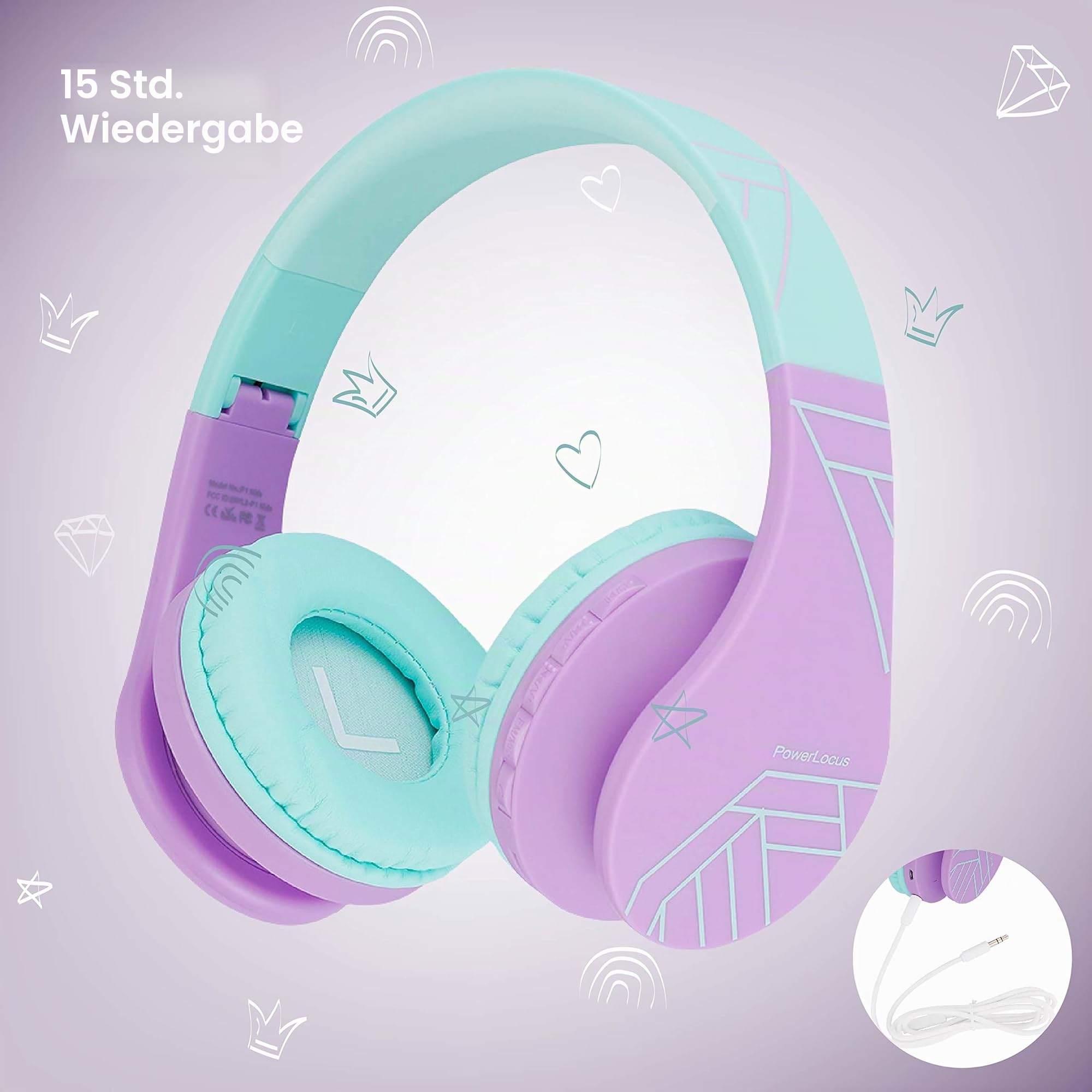 PowerLocus Bluetooth Kopfhörer Kinder, Kinderkopfhörer Over-Ear mit 85dB Lautstärkebegrenzung, Faltbar, Bluetooth 5.3, Micro SD, Kabellos und Kabel, Eingebautes Mikrofon für Handy/Tablet/Reise