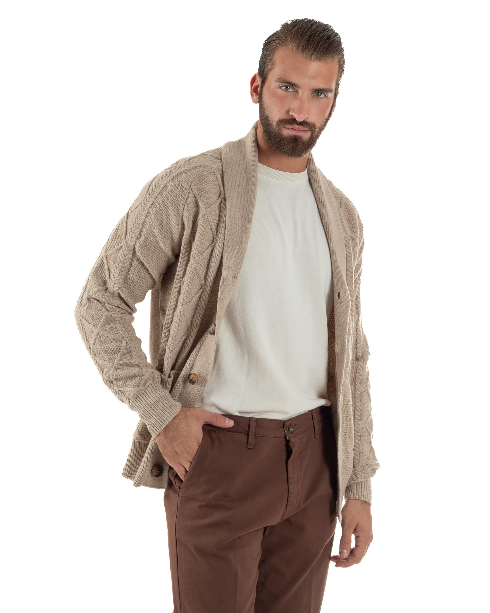 Cardigan Uomo Giacca con Bottoni Maglia Collo Sciallato Maglione con Trecce Vari Colori Casual