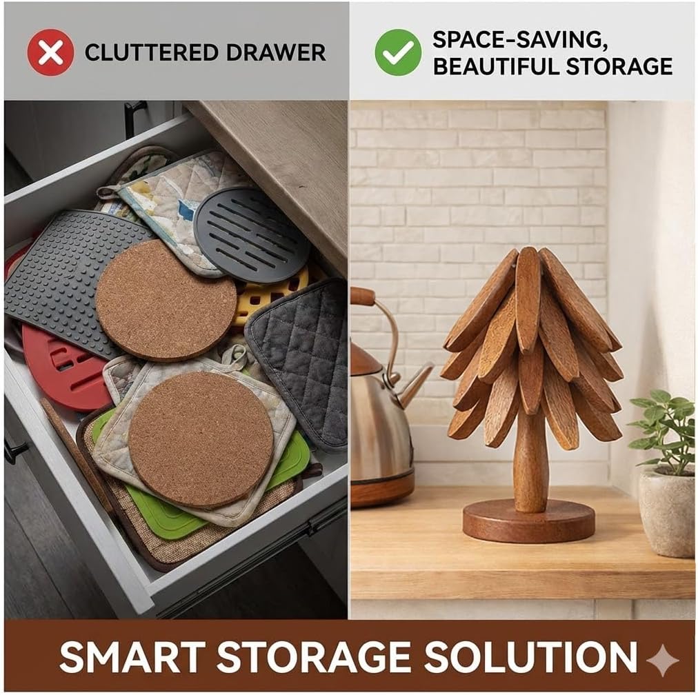 Wooden Trivets for Hot Dishes, Foldable Tree Trivet Set with Stand, 4-Layer Walnut Wood Trivet for Pots, Pans, Coffee & Teapot, Space Saving Table Protector for RV, Decorative Kitchen Decor & Gift