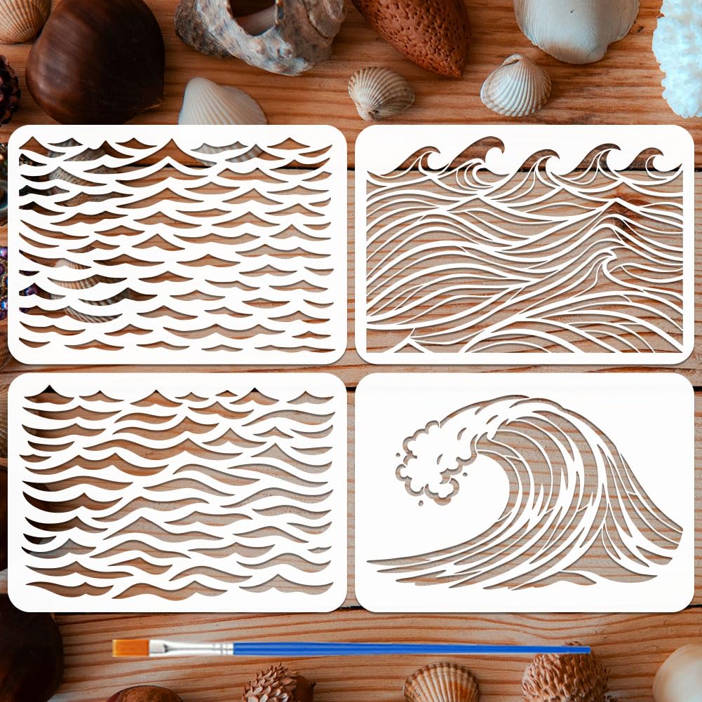 FINGERINSPIRE 4PCS Waves Stencils with Brush 21x29.7cm Sea Wave Stencils Ocean Waves Stencil Thickened PET Plastic Stencil Ocean Theme Template for Painting on Wood Wall Furniture