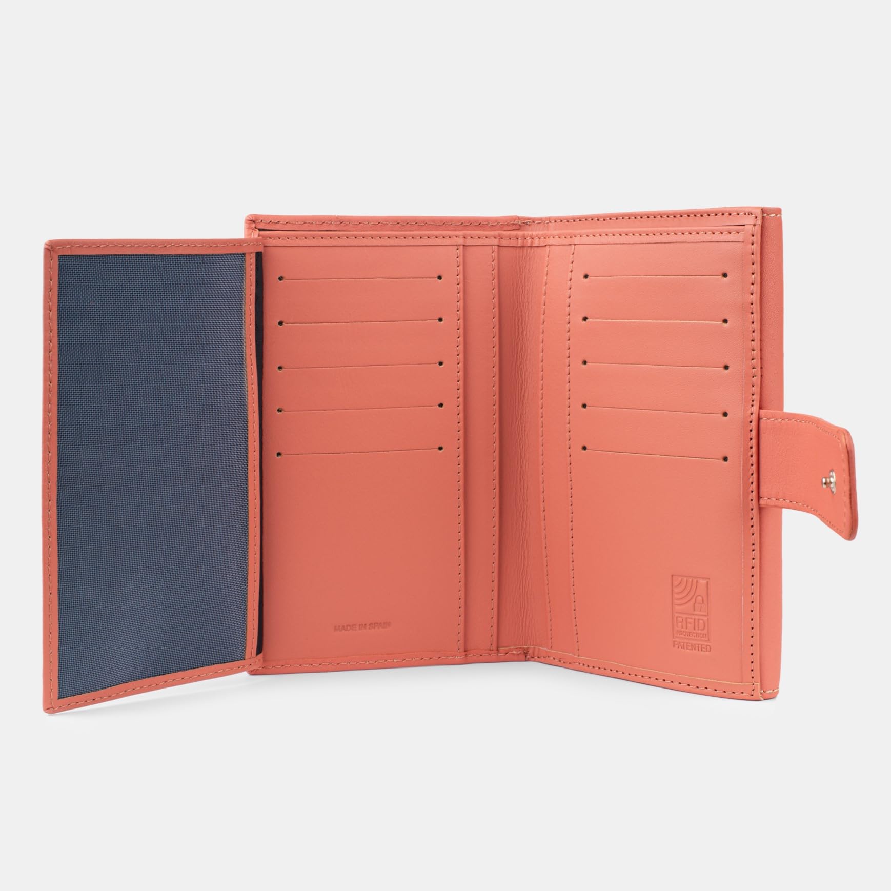 Cartera Mujer Piel Vacuno, Billetero Hecho en España, para 11 Tarjetas, Monedero Exterior con Cremallera, Protección RFID, PS502 (Melocoton, Mediano - 16cm)
