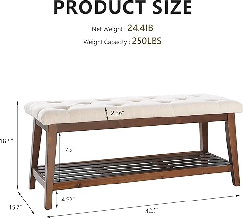 Miniatura 2 de Banco tapizado para el extremo de la cama, banco de entrada de 42.5 pulgadas para sala de estar, banco de comedor con asiento acolchado y patas de