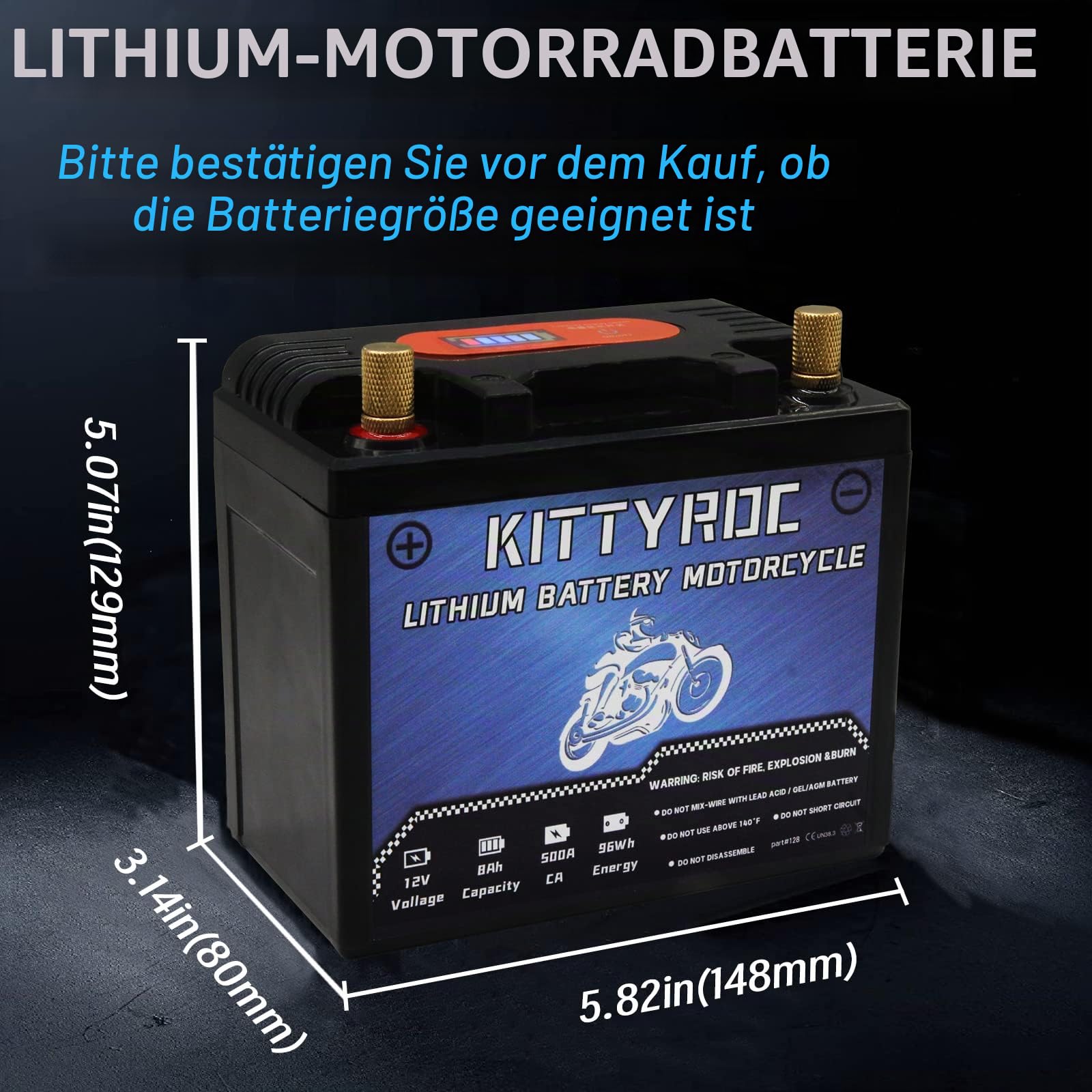 12V 8Ah 500A Lithium Motorrad Batterie, LiFePO4 Batterie, Ersatz ATV, UTV, Motorrad, Rasenmäher, Jetski, Schneemotor, 4 Räder, Traktor, Roller und Generator Batterie