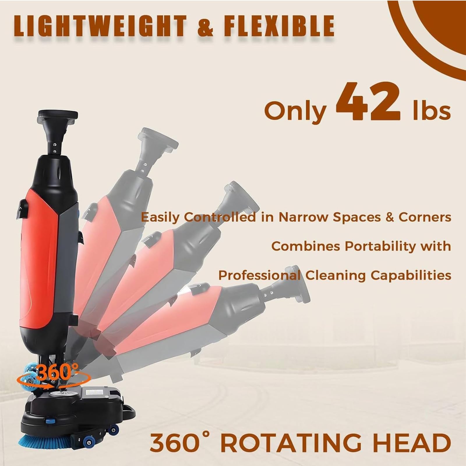 Fregadora Industrial de Suelos con Batería de Litio 36V, 2 Motores de 250W, Sistema de Doble Tanque, 240 RPM, Ancho de Trabajo 450mm, Limpiadora Profesional para Mármol, Cemento y Terrazos