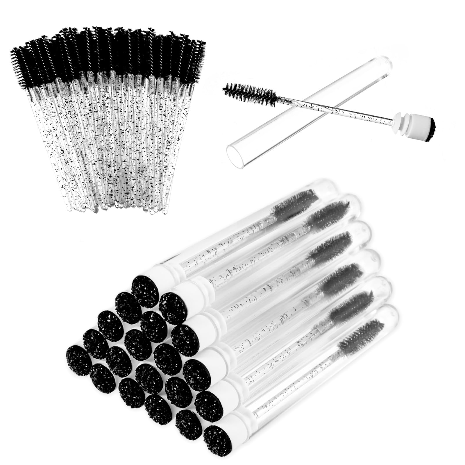 70 Stück Schwarze Wimpernbürstchen Einweg Wimpern Bürste mit 20 Stück Wiederverwendbare Leere Mascara Tube Set,Kristall Wimpernkamm, für Wimpernverlängerung Make up Tool Applikator Wimpernbürste Tube