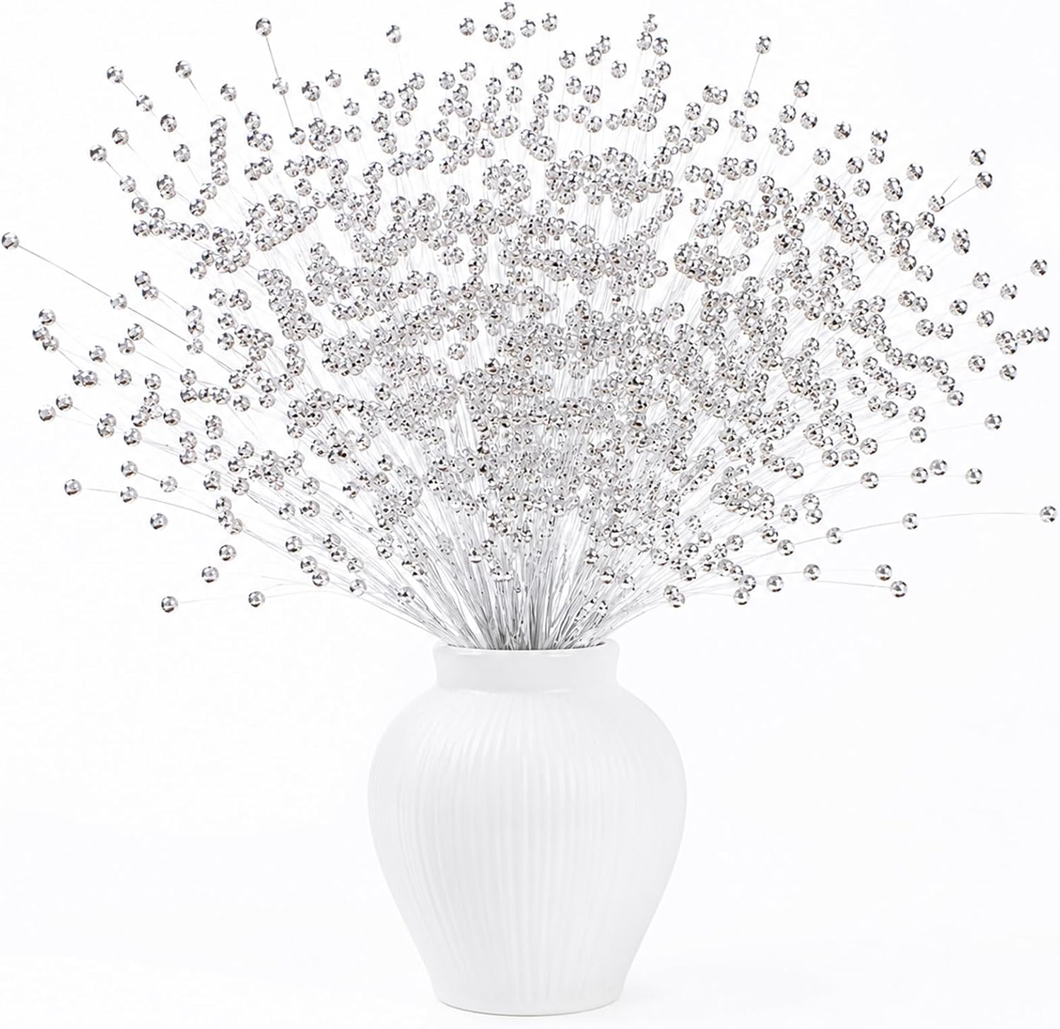 Amabro 60 Pcs Pearl Stick Stems for Bouquets, Silver Beaded Floral Picks Filler for Floral Arrangements, Pearl String Garland Wedding Centerpieces Christmas Tree Picks DIY Decor