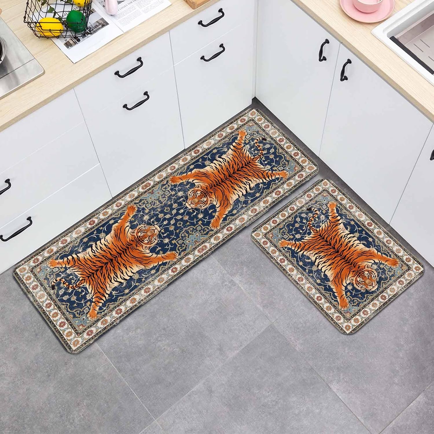 Prime Leader Tiger Kitchen Mat Set 2 Pieces Bohemian Modern Animal Print Blue Red Floral Texture Non Slip Kitchen Rugs Washable Runner Rug Mats for Sink Laundry (19.7" x 31.5"+19.7" x 63")