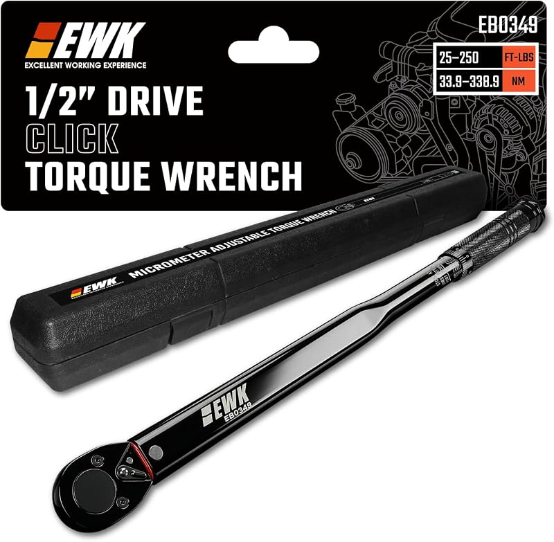 Llave dinamométrica de clic de alta resistencia con accionamiento de 1/2 pulgada, 25 a 250 ft lb, 33,9 a 338,9 Nm, cabeza reversible de doble escala para suspensión de tuercas de camión y trabajos de torsión de pernos grandes