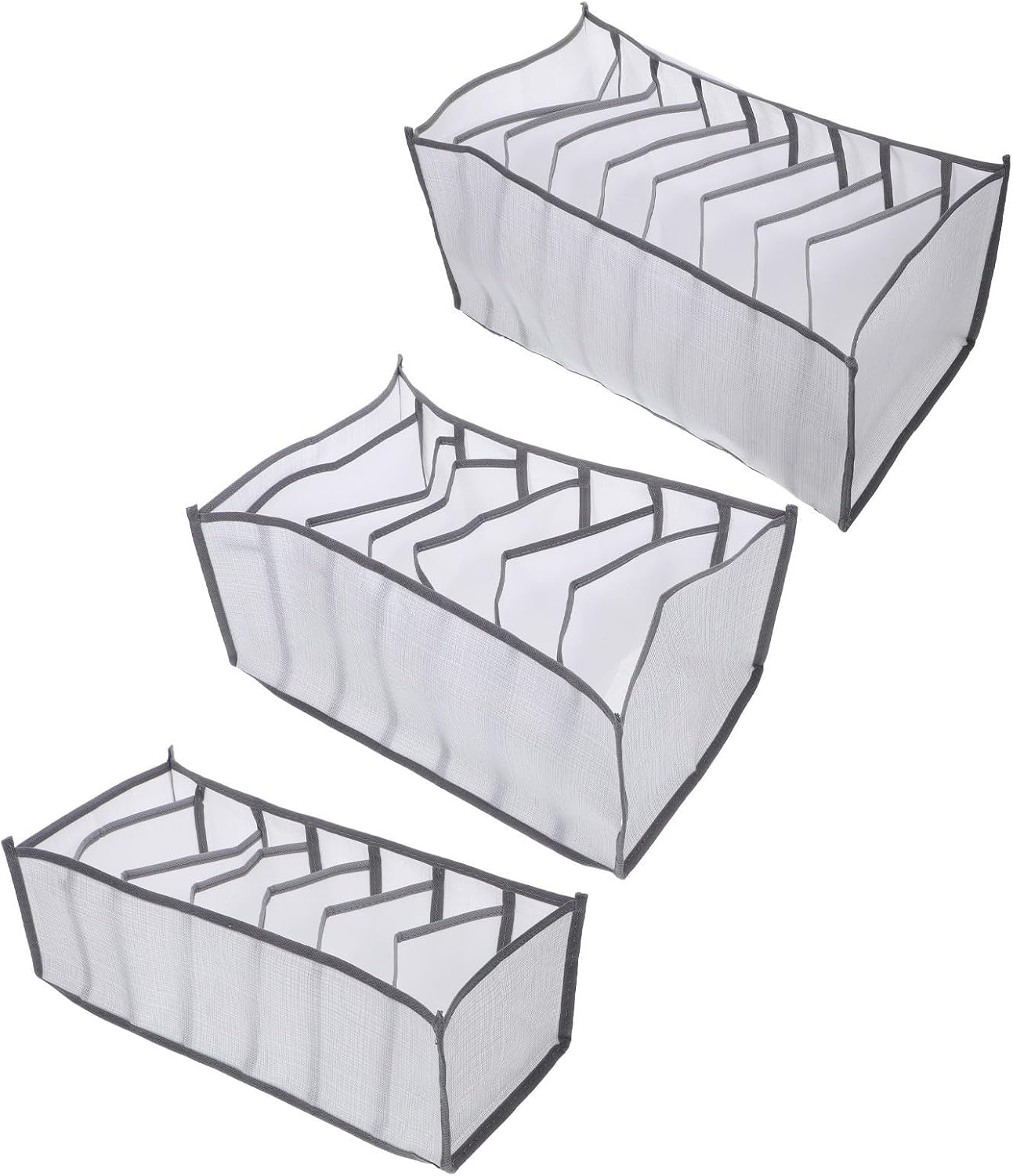 BESPORTBLE 3pcs White Cloth Trouser Organiser with 7 and 9 Compartments for Easy Drawer Organization and Multifunctional Use Foldable Closet Storage Box for Socks and Trousers in Bedroom