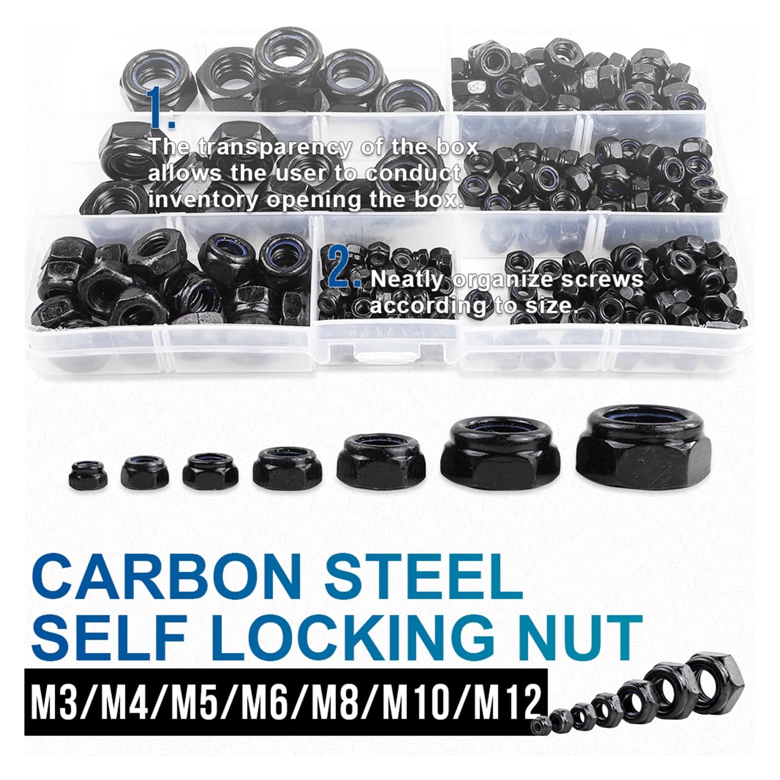 Juego de tuercas hexagonales de seguridad de nailon, acero al carbono galvanizado negro, M2-M12, kit surtido de tuercas autoblocantes DIN985(304 m2-m12 321pcs)