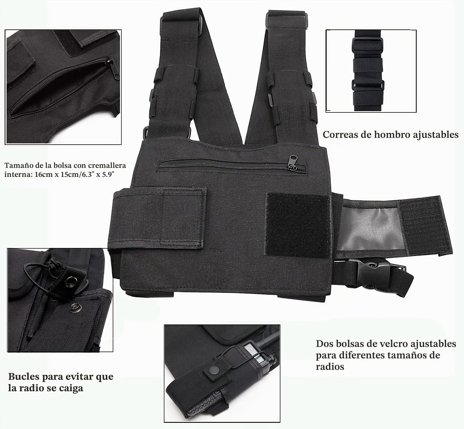 Walkie Talkie Mochila con Bolsillo en el Pecho, Mochila walkie Bolsa de Transporte para radios de Dos vías, Soporte para Rescate Essentials Chaleco Rig Pouch Negro