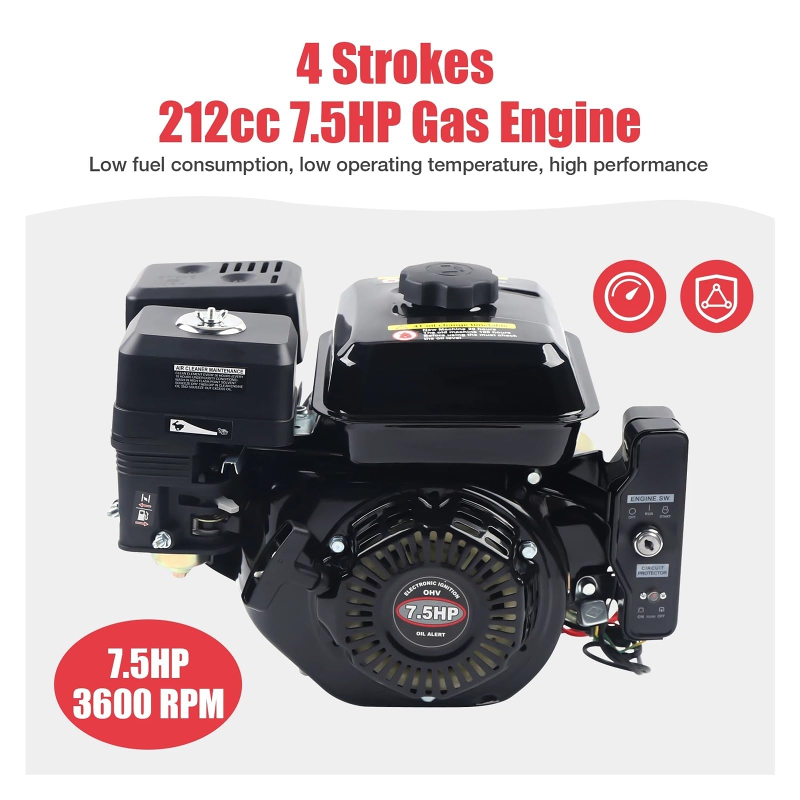 Moteur horizontal à essence de kart à 4 temps à démarra électrique de 7,5 CV et 212 cm³
