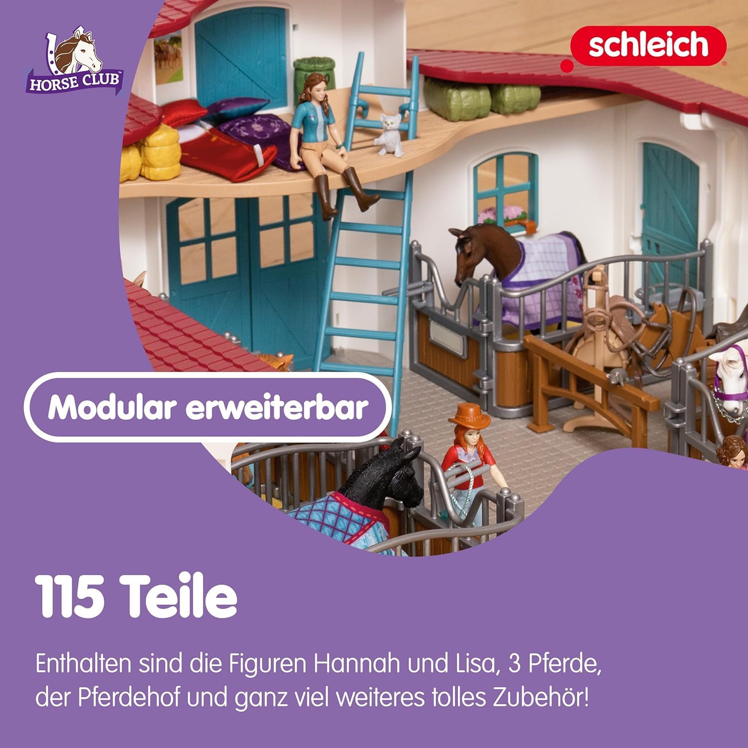 schleich HORSE CLUB | Reiterhof 42567 | Pferdestall mit Hannah, Lisa, 3 Pferden, Pferdeboxen und viel Zubehör | Geschenk für Mädchen & Jungen | Kinder Pferde Spielzeug ab 5 Jahren | Set aus 115 Teilen