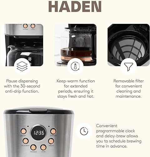 Miniatura 4 de HADEN Heritage - Cafetera retro programable de 12 tazas con tostadora de ranura ancha de 2 rebanadas con bandeja extraíble para migas, acerocobre