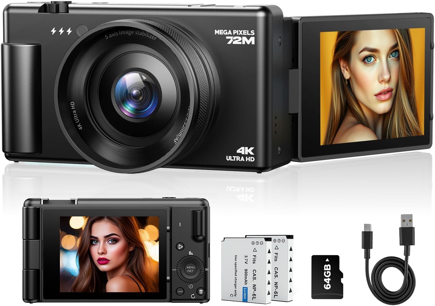 Fotocamera Digitale 4K 72MP Autofocus, Schermo Ribaltabile 270° per Vlog YouTube, Zoom Digitale 18X, Compatta da Viaggio per Principianti, Webcam, Scheda 64GB & 2 Batterie