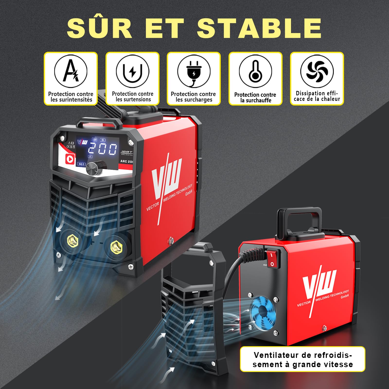 VECTOR WELDING Poste à Souder Inverter d'électrodes 200 A, Soudure d'électrodes MMA/STICK avec écran LED, MMA/STICK, IGBT, kit de soudure ARC 200